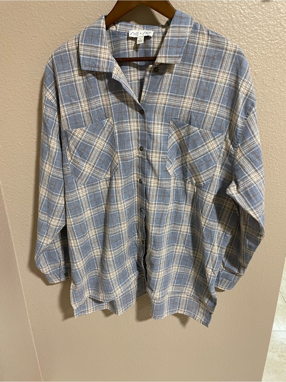 Women's Blue and White Plaid Tunic Top